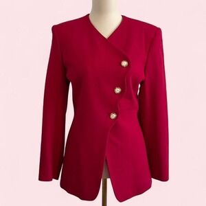 Vintage Kasper Hot Pink/Berry Collarless Blazer with Gold Pearl Buttons